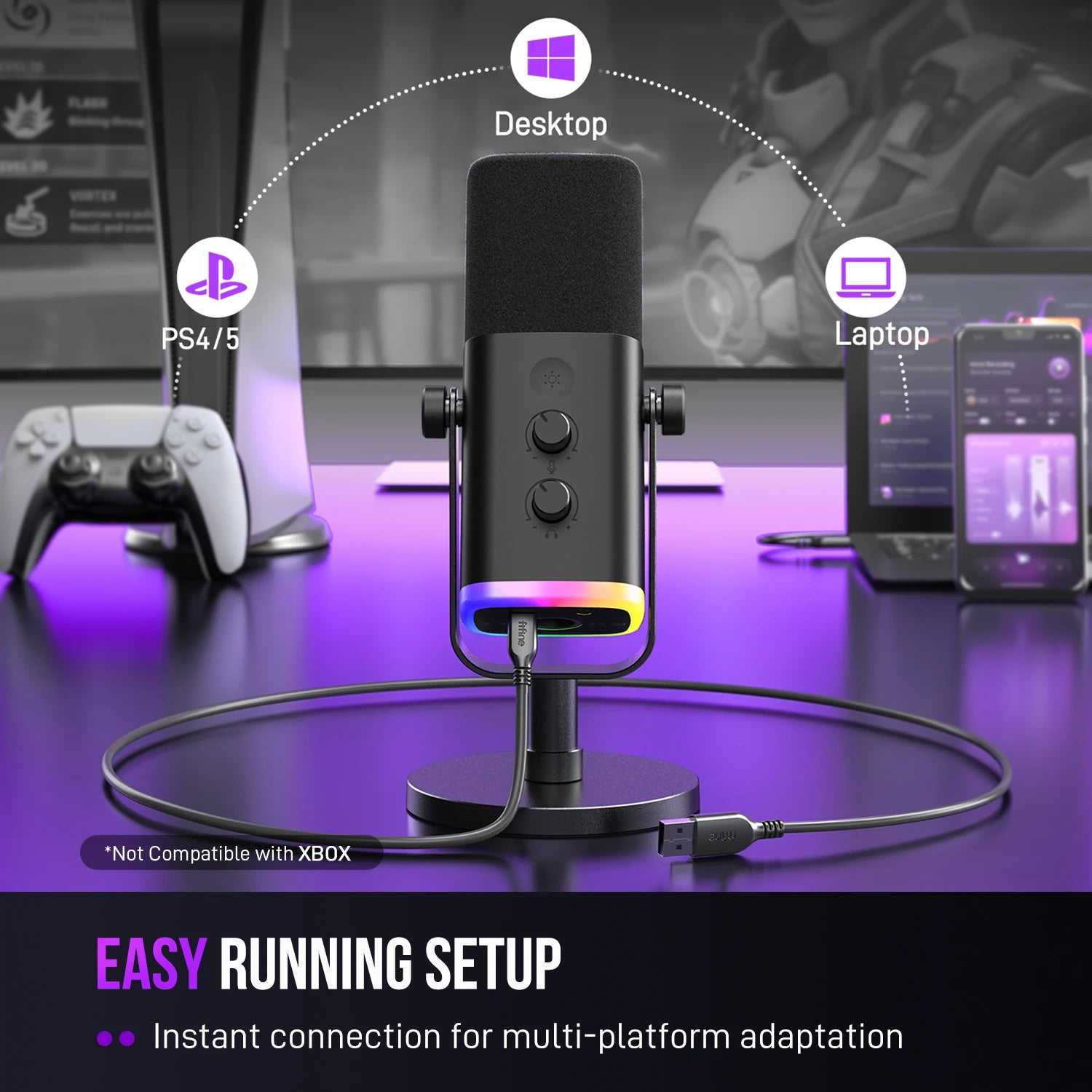 FIFINE USB/XLR Dynamic Microphone with RGB Control/Headphone jack/Mute,MIC for PC Gaming Recording Streaming AmpliGame-AM8