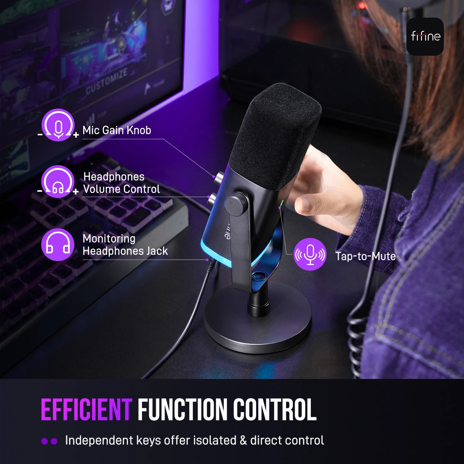 FIFINE USB/XLR Dynamic Microphone with RGB Control/Headphone jack/Mute,MIC for PC Gaming Recording Streaming AmpliGame-AM8